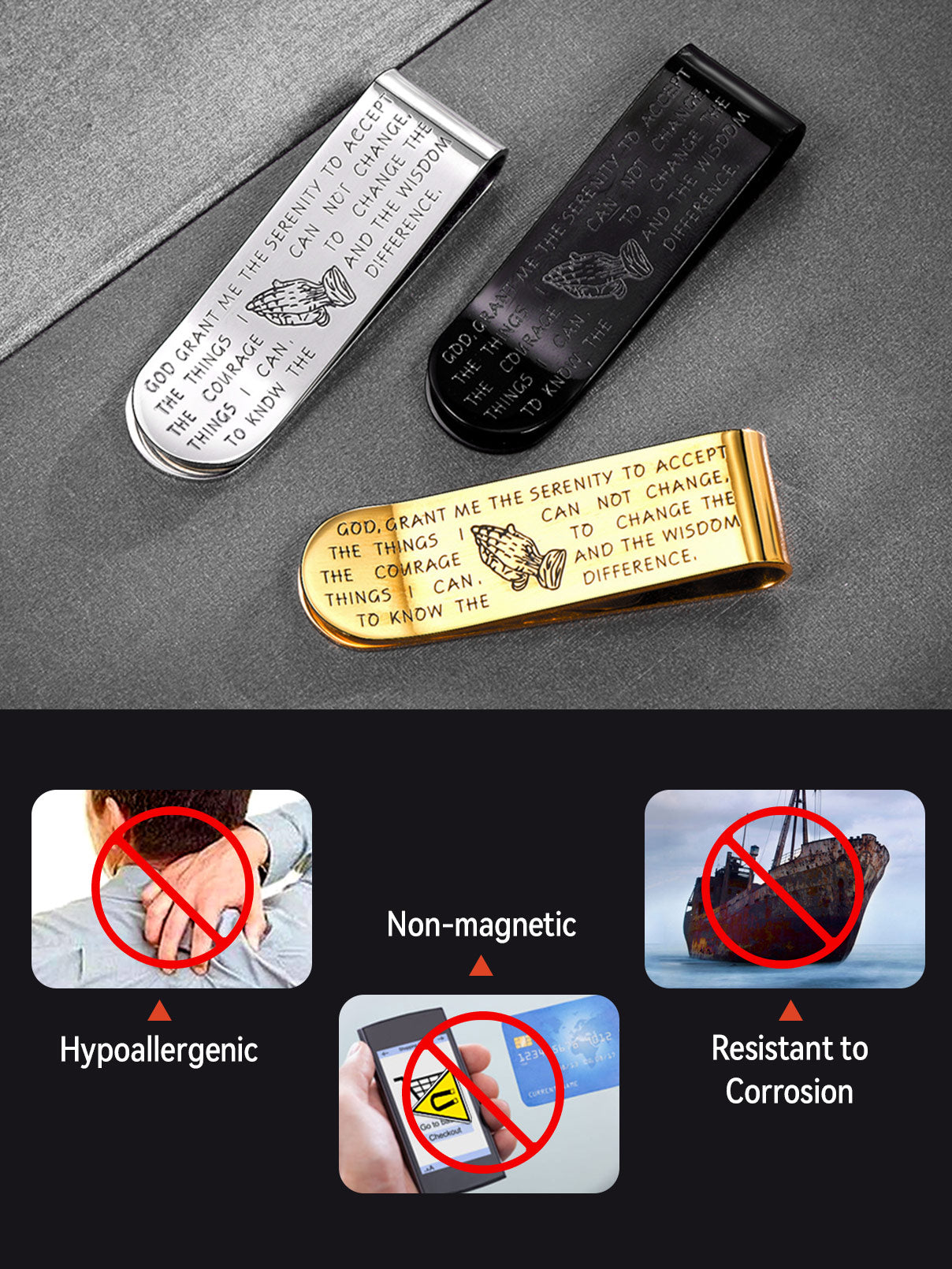Stainless steel money clips engraved with prayer text and features