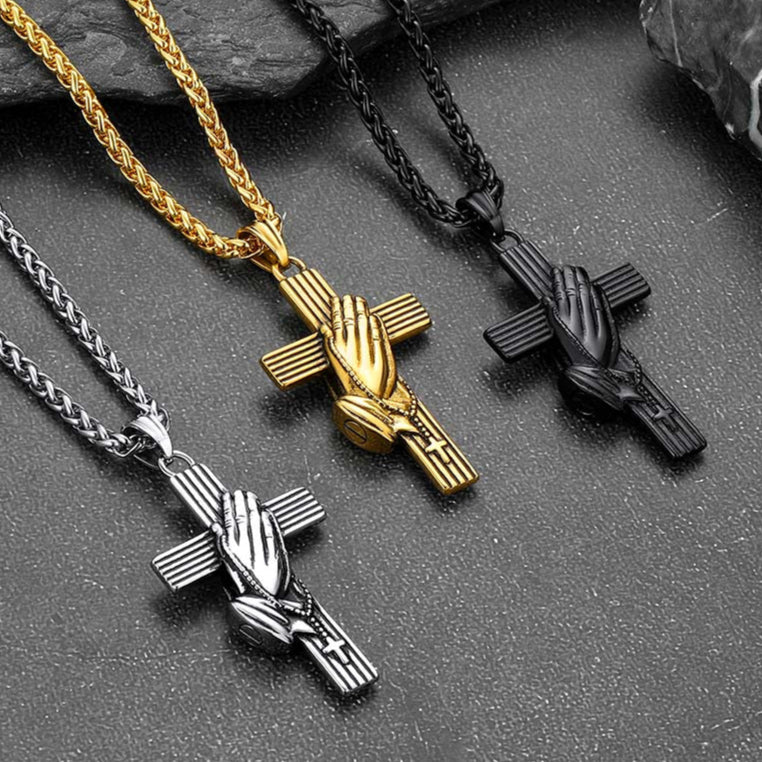 Classic Cross Urn Necklace with Praying Hands for Memorial Jewelry