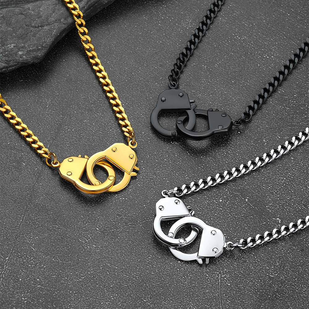 Punk Handcuff Necklaces for Men - gold, black, and silver Cuban chains