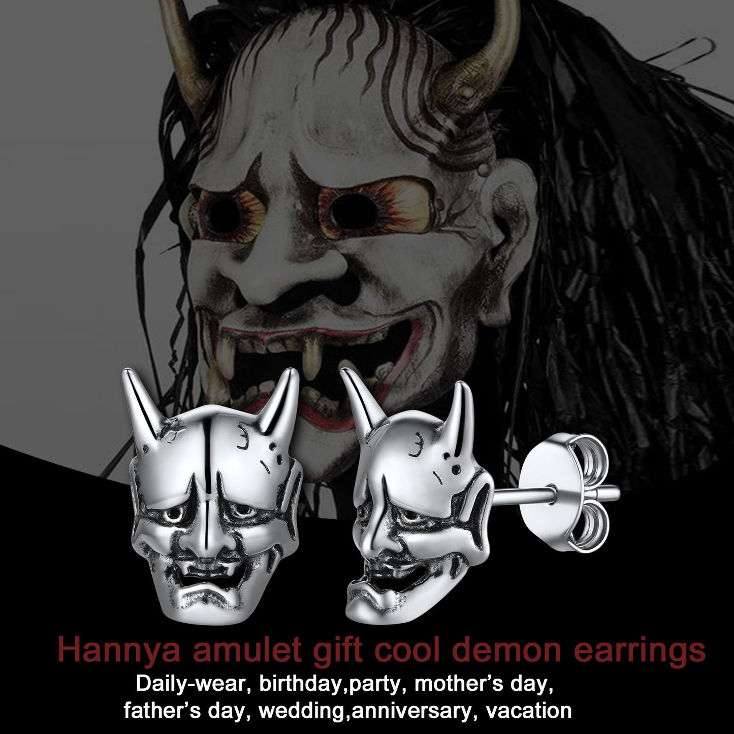 Silver Hannya Mask Stud Earrings for Men, cool demon earrings