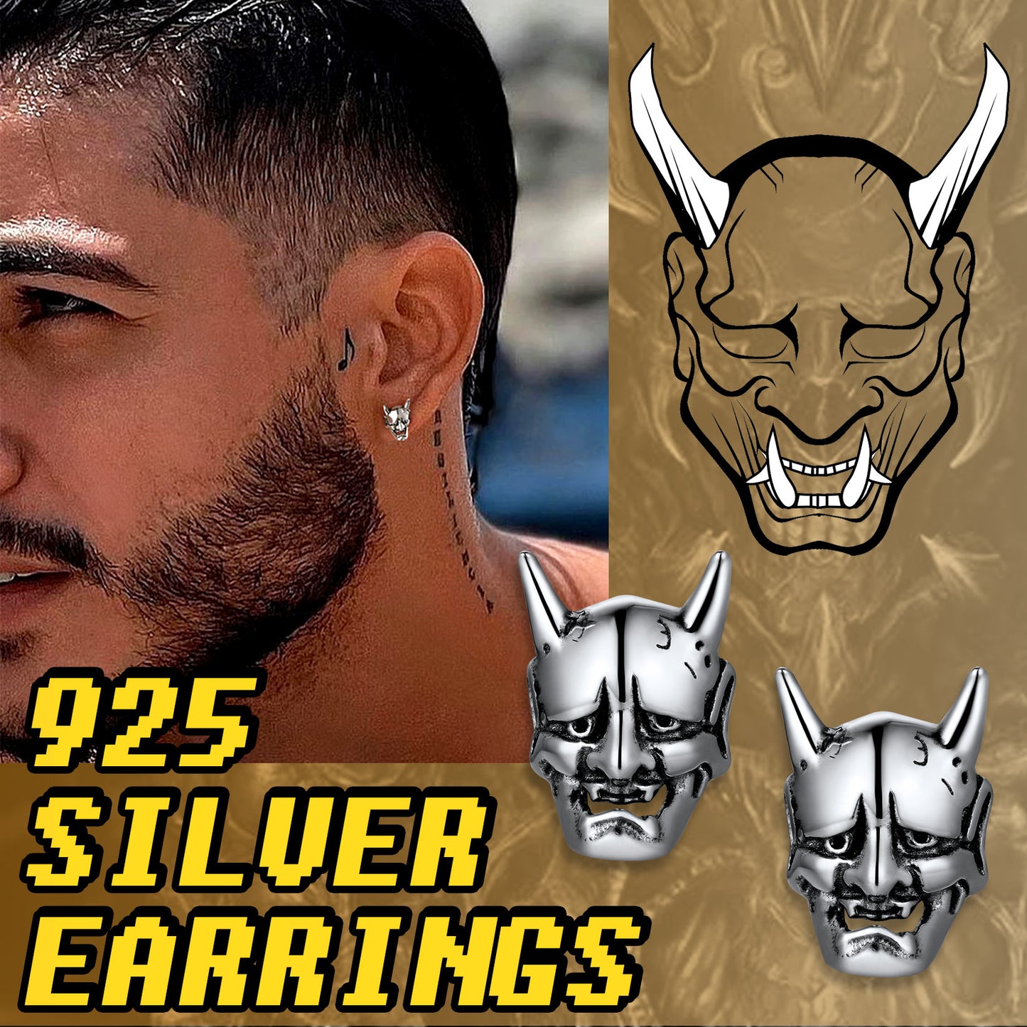925 Silver Hannya Mask Stud Earrings for Men