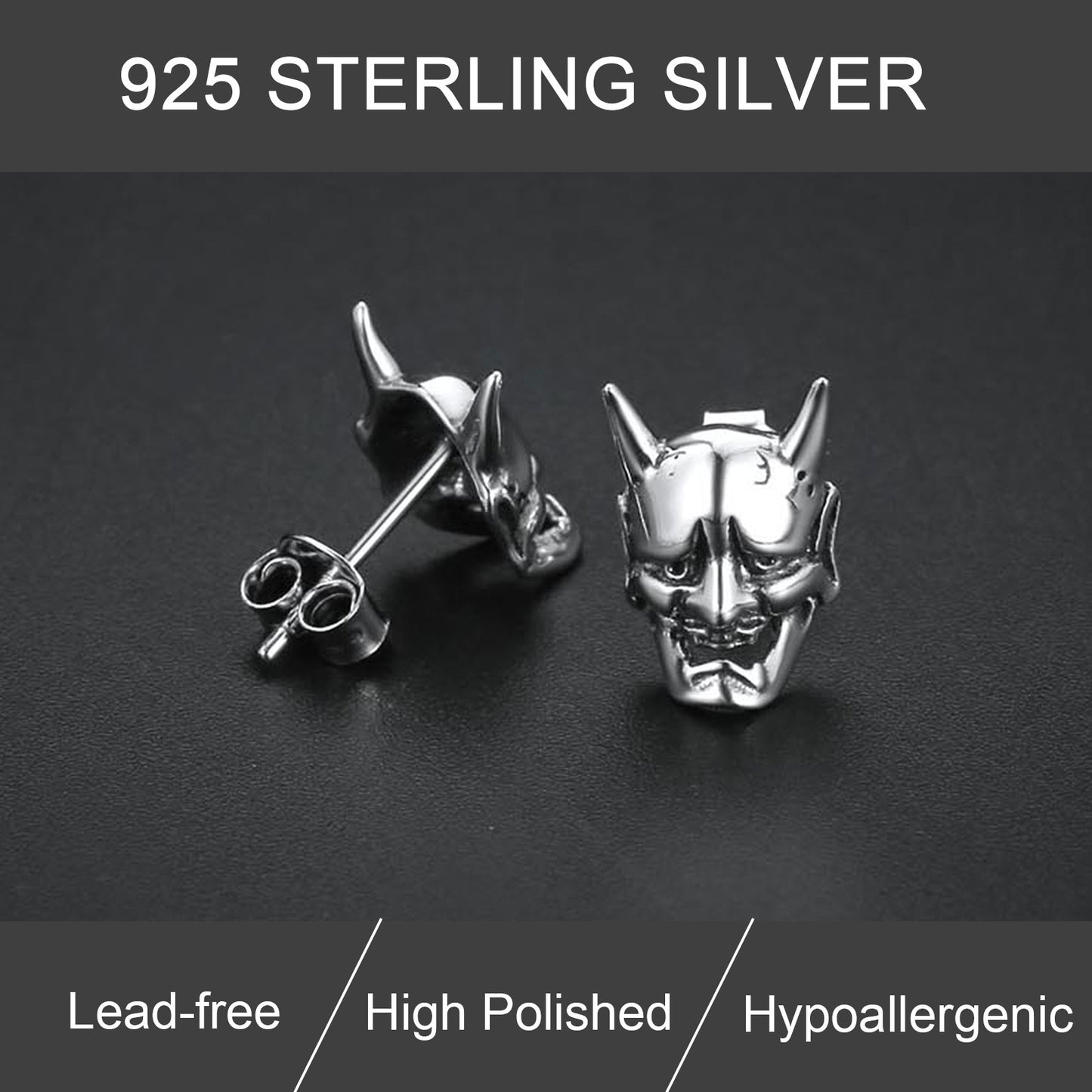 925 Sterling Silver Hannya Mask Earrings, Lead-free
