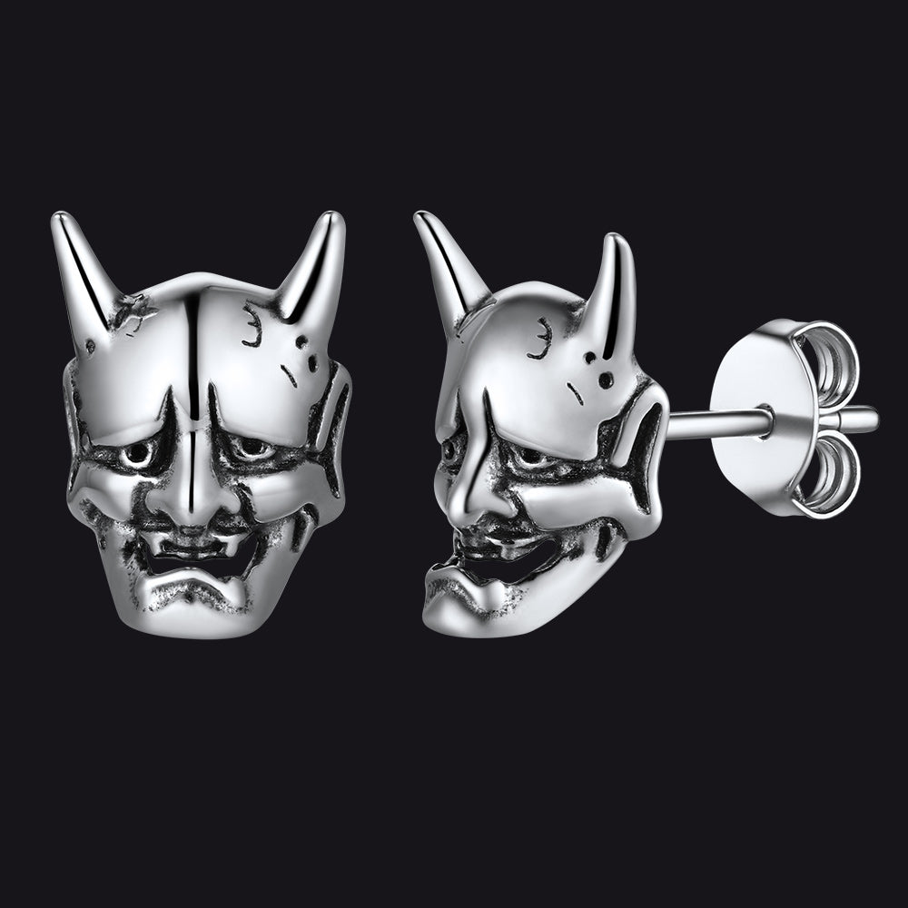 Flash Sale 925 Silver Punk Hannya Mask Stud Earrings For Men