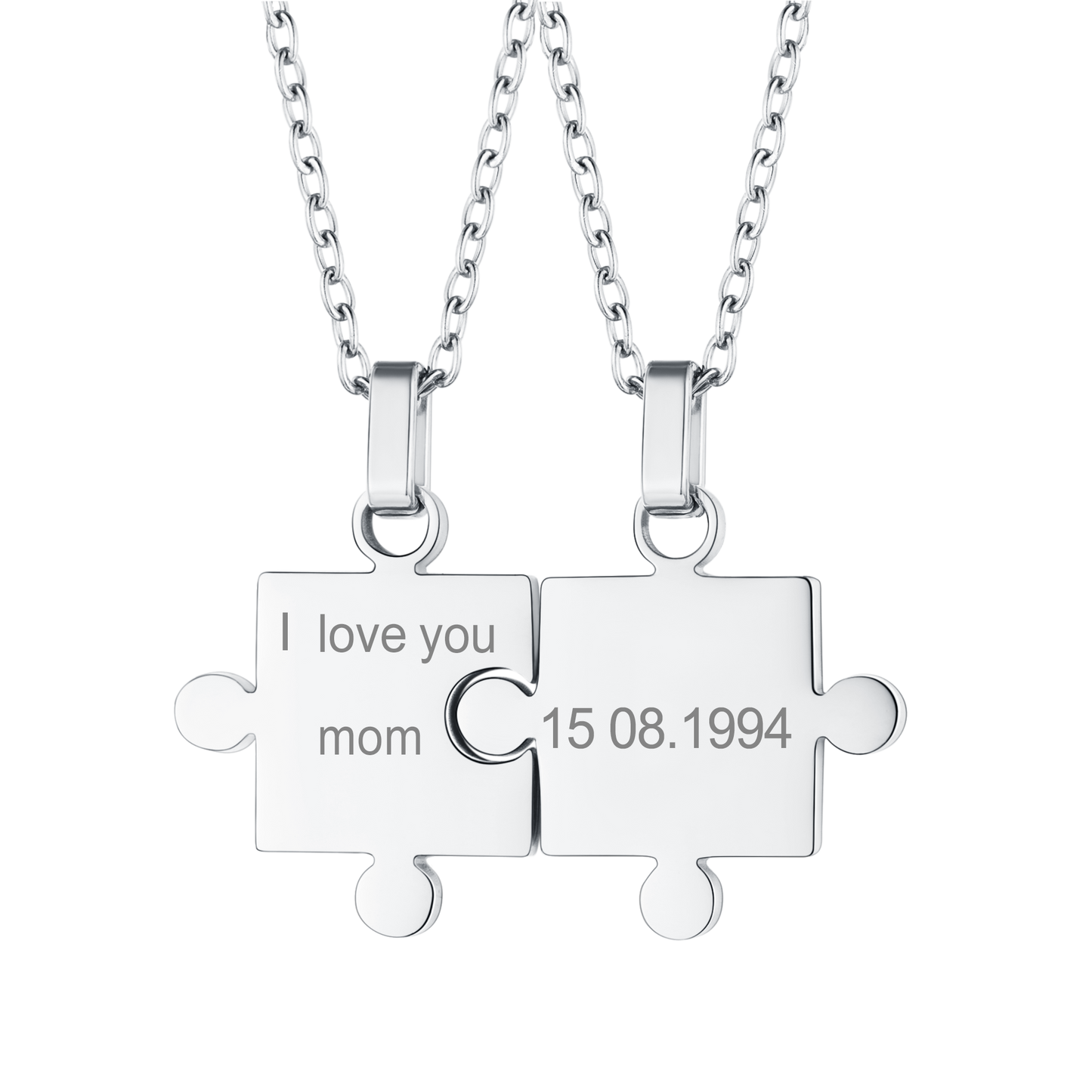 Puzzle piece necklace with text "I love you mom" and date