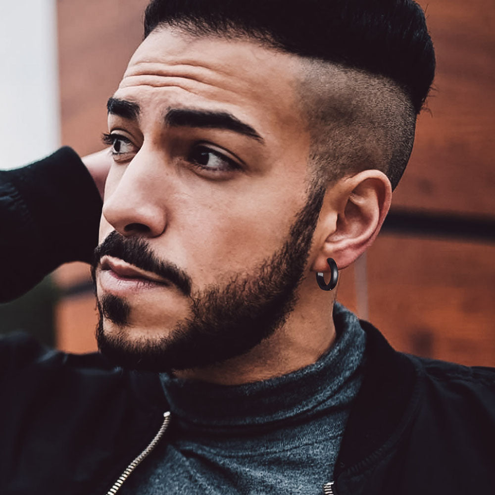 Man Wearing Black 14mm Huggie Hoops