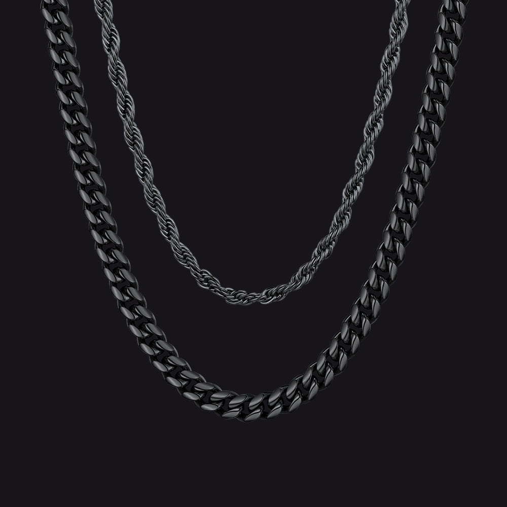 3MM Twisted Rope & 6MM Miami Cuban Chain Set for Men – Black Finish