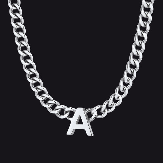 Silver Cuban link initial A necklace ¨C chunky A letter chain chokerimg