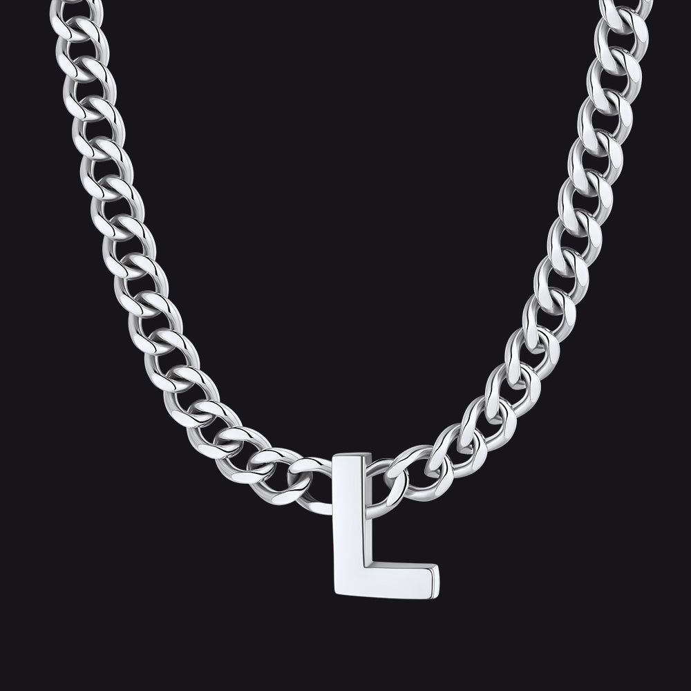 Silver Cuban link initial L necklace ¨C silver choker with L letter charm