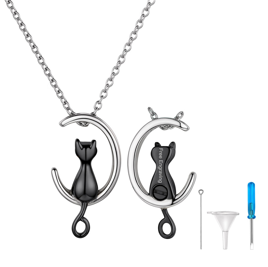 Black stainless steel pet urn necklace for cat ashes, personalized keepsake