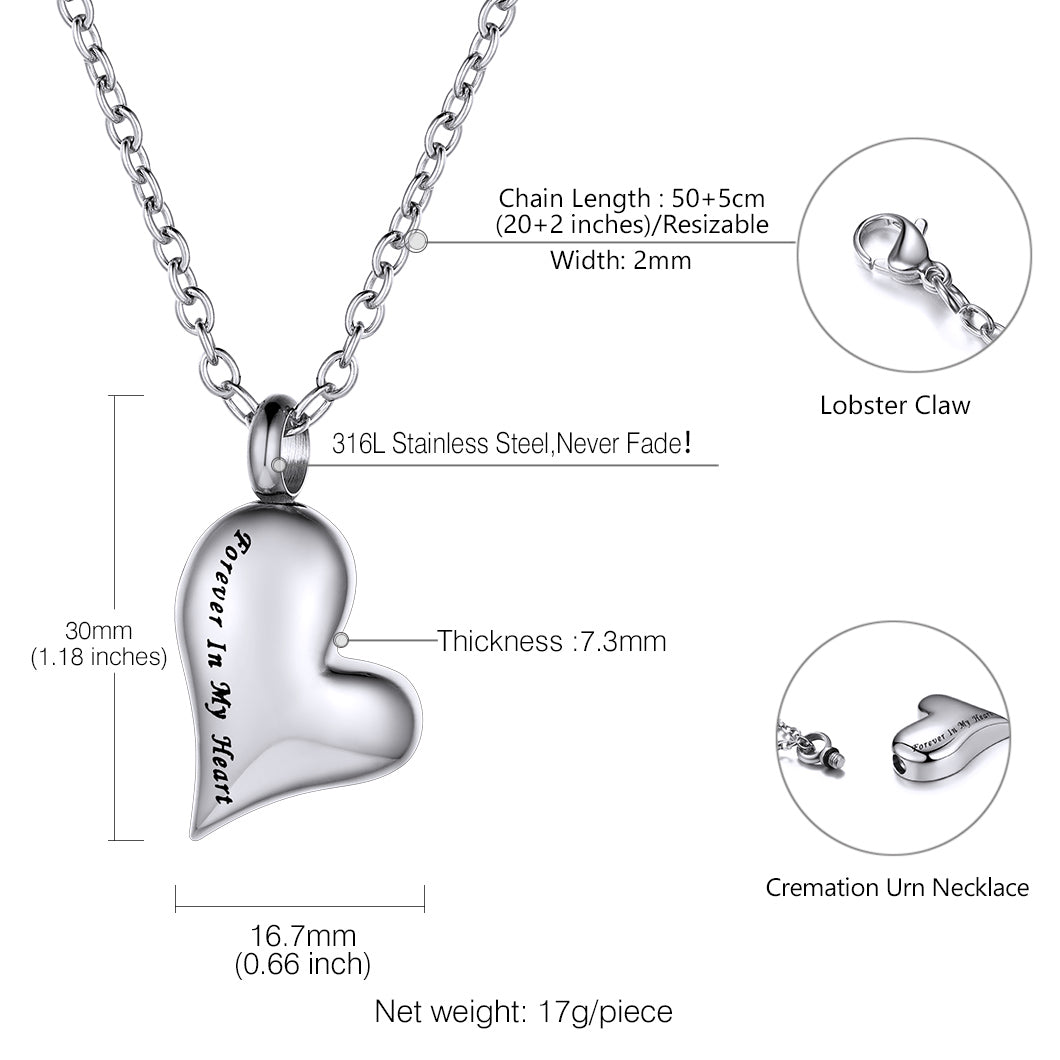 Size guide for heart urn pendant necklace with chain length and ash capacity
