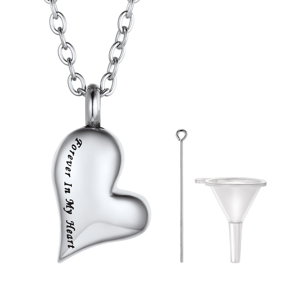 Silver Heart-shaped urn necklace engraved with “Forever in My Heart,” for ashes memorial