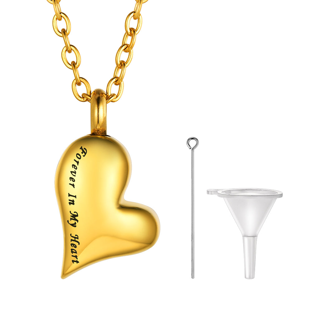Gold Heart-shaped urn necklace engraved with “Forever in My Heart,” for ashes memorial