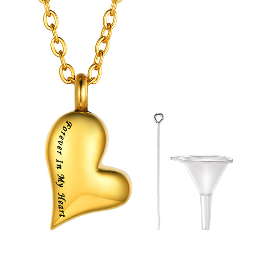 Gold Heart-shaped urn necklace engraved with “Forever in My Heart,” for ashes memorialimg