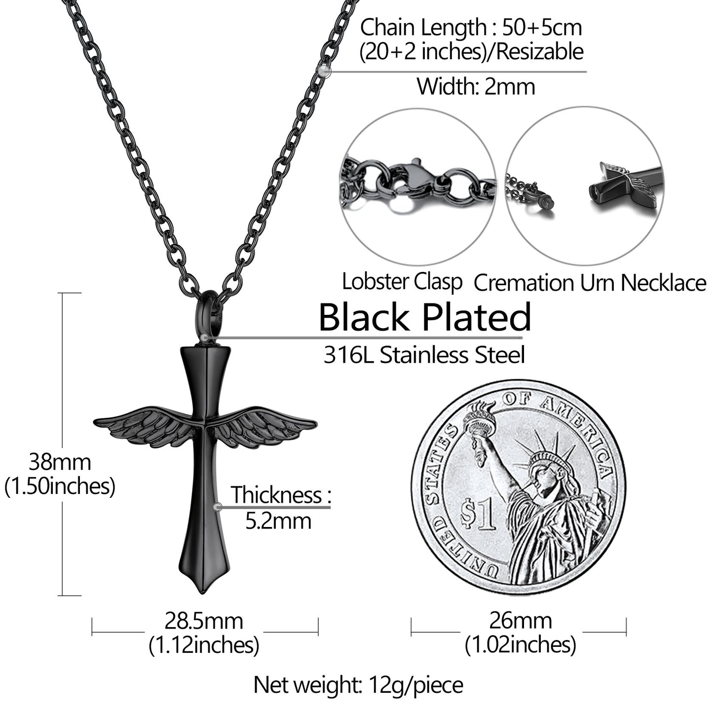 Wings Cross Urn Ashes Pendant Cremation Necklace Size