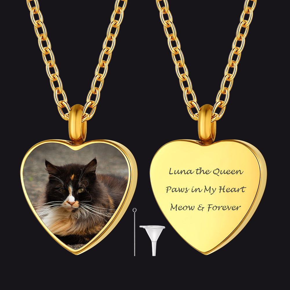 Heart-shaped gold pendant with a cat photo and engraved text