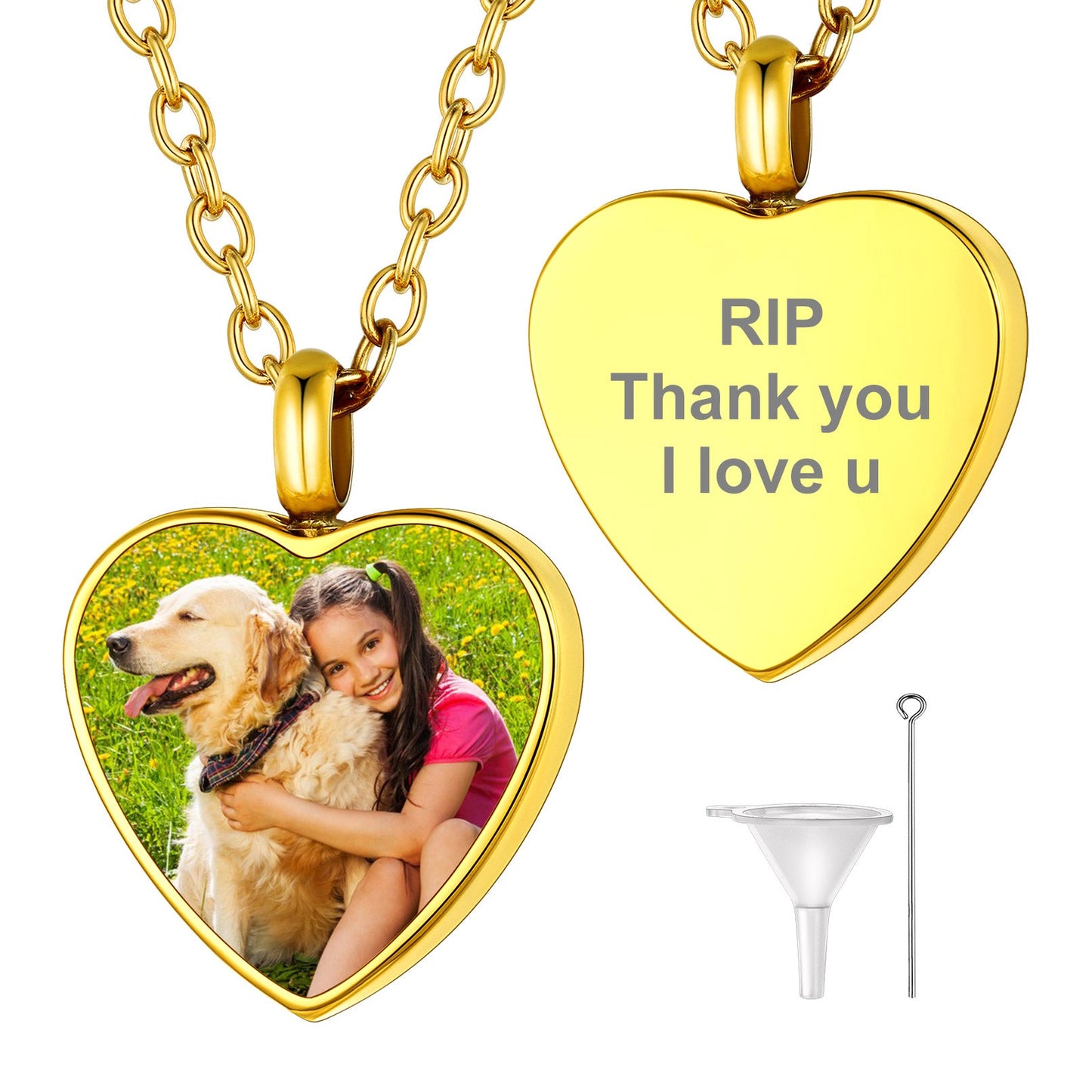Gold heart urn pendant necklace for ashes with personalized photo insert
