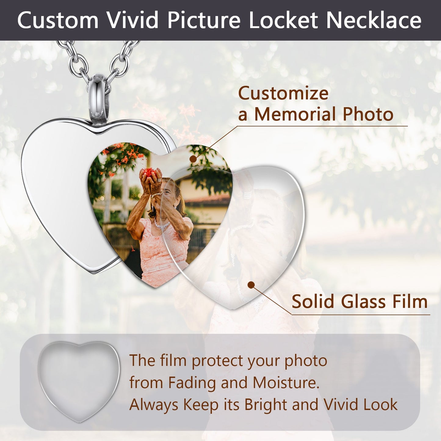 Close-up of photo compartment on heart urn pendant