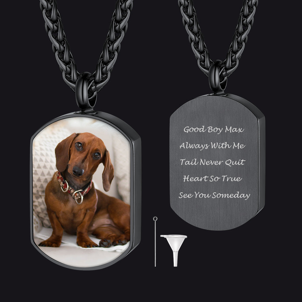 Dog tag necklace with a photo of a dachshund and engraved text on a black background