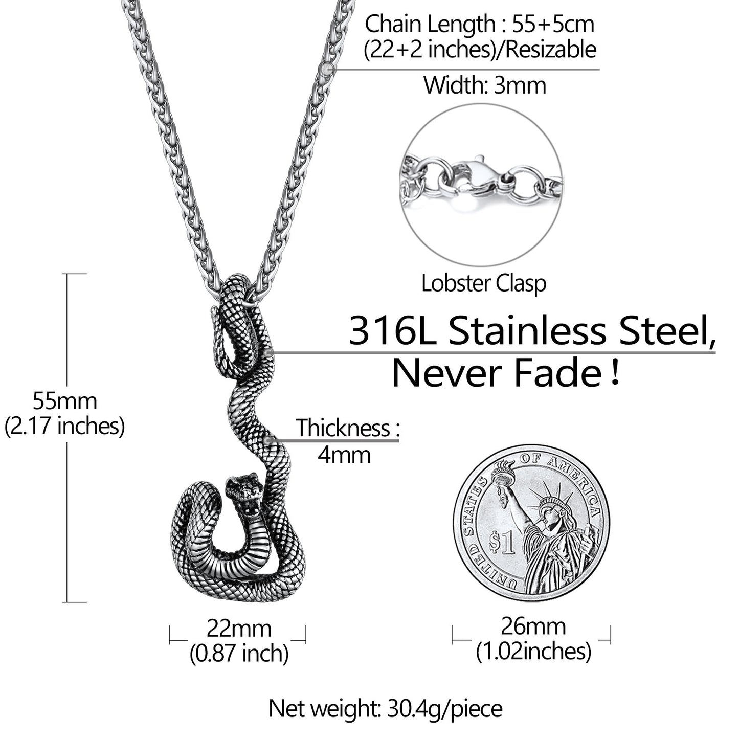 Gothic Snake Pendant Necklace Specs, 316L Stainless Steel