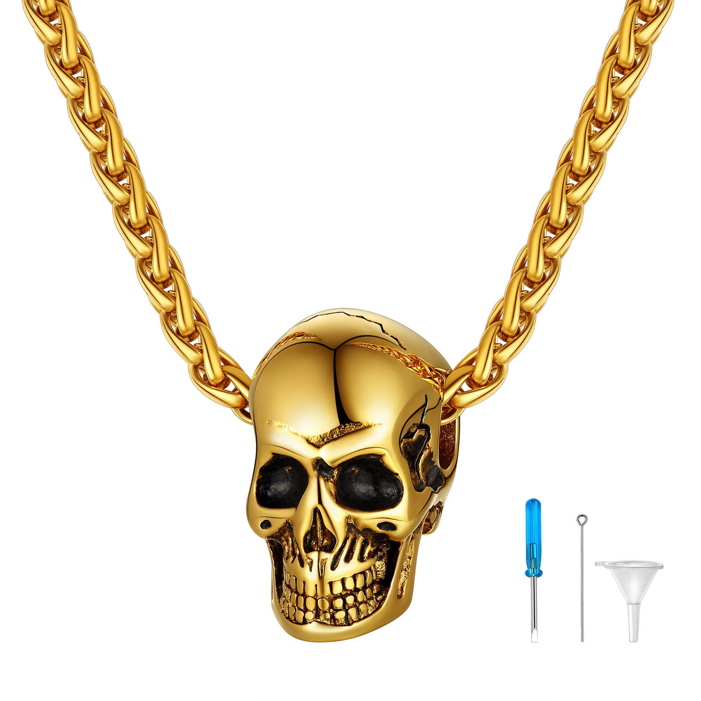 Golden skull urn necklace for ashes with chain and tools