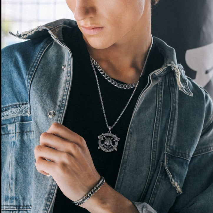 FaithHeart Viking Axe Helmet Pendant Necklace For Men With Runes FaithHeart