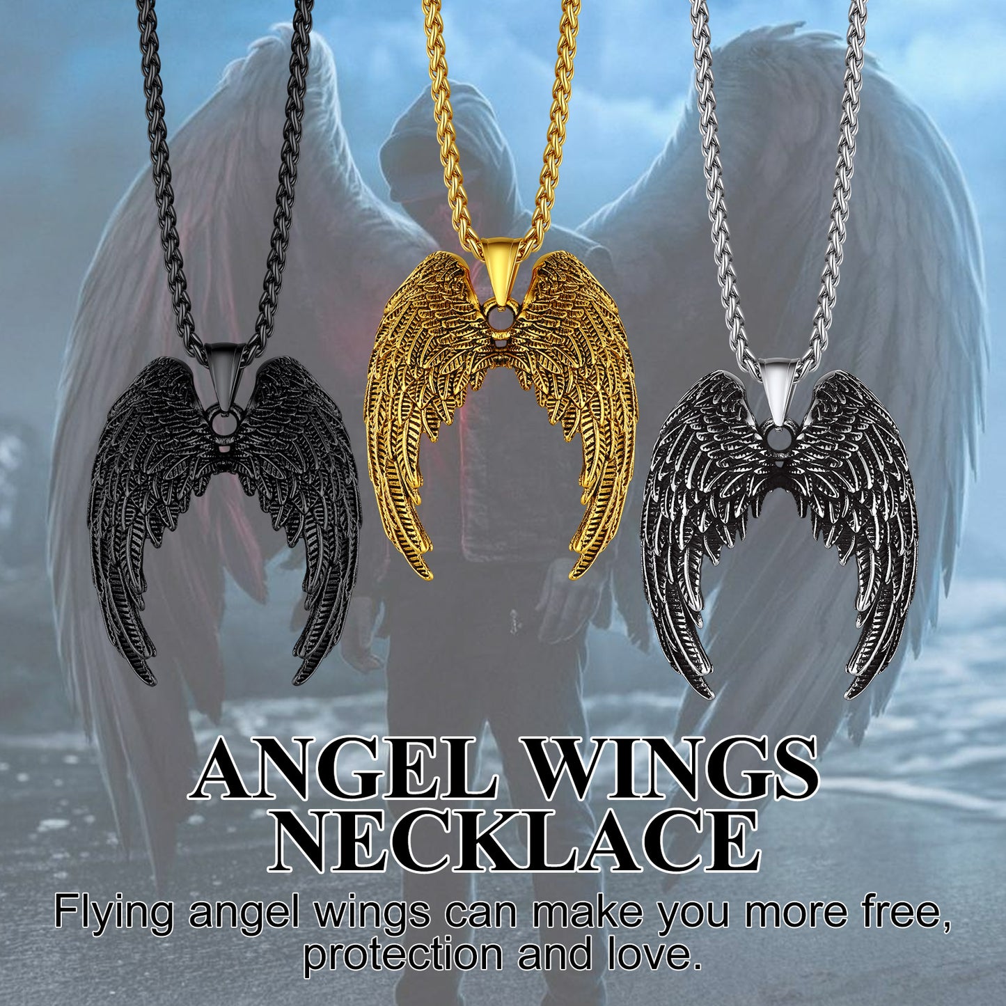 Angel wings pendant necklace in three colors: black, gold, and silver