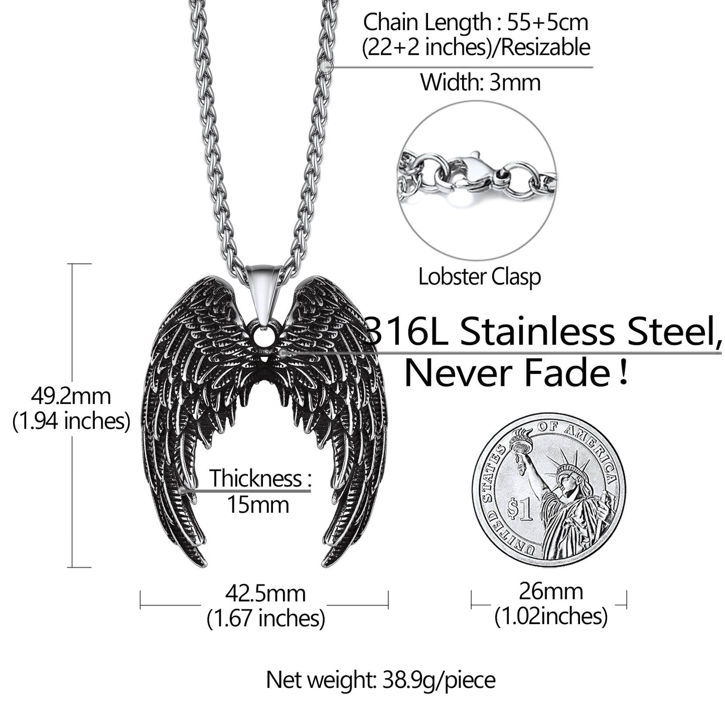 Black Angel Wings Pendant Necklace dimensions and material details