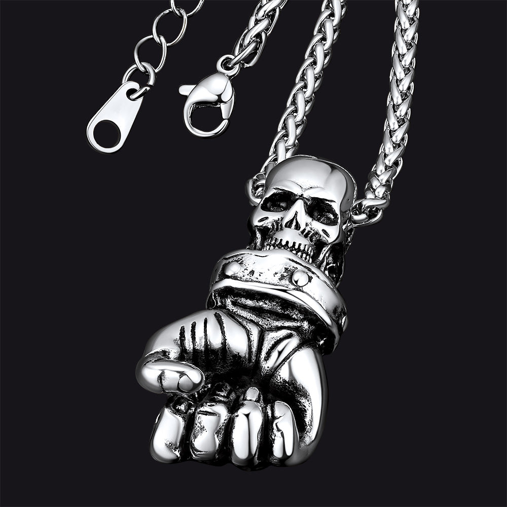 FaithHeart Skull Fist Pendant Necklace Stainless Steel Vintage Gothic Necklace FaithHeart