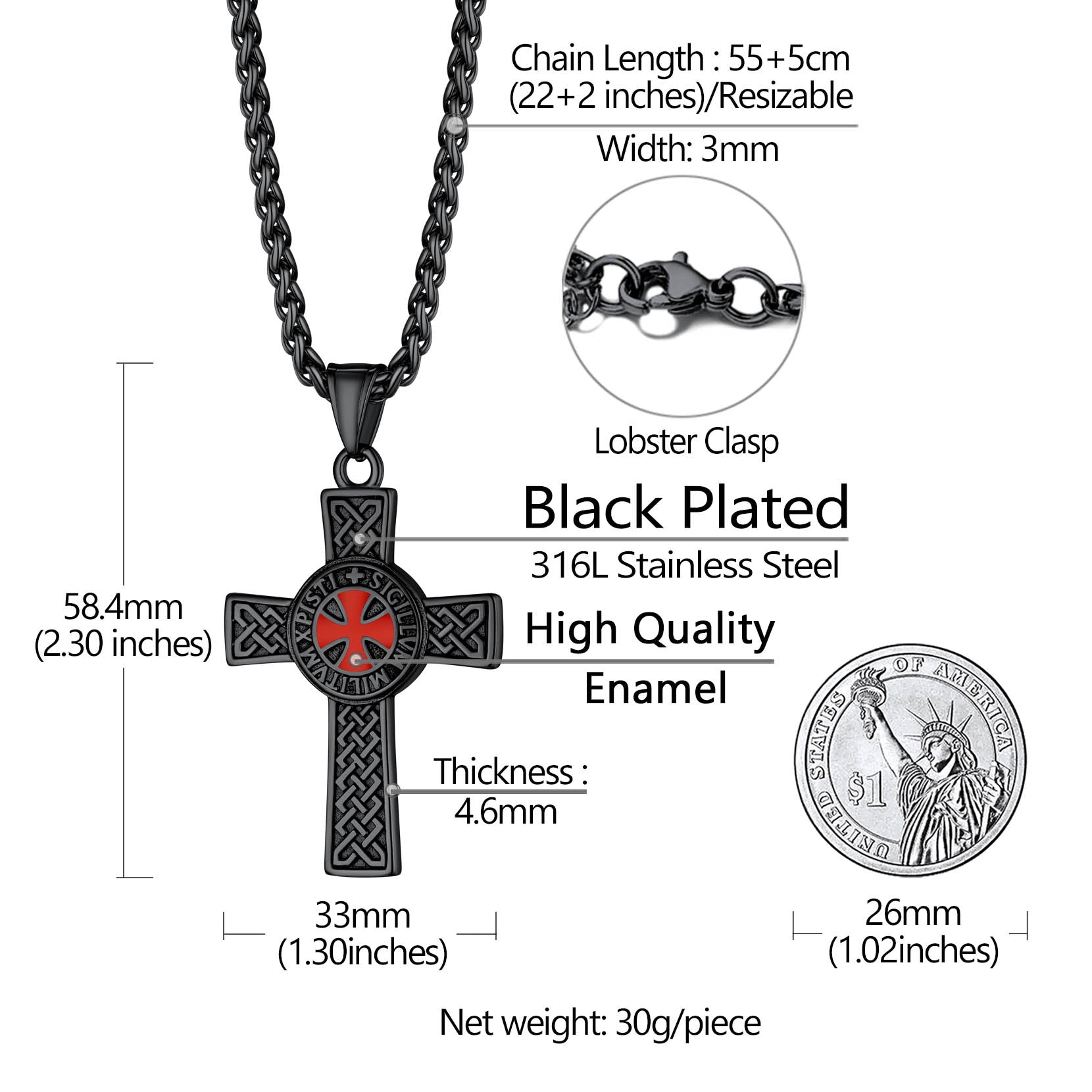 Knights Templar Cross Necklace: Black Plated, Stainless Steel, Detailed Product Info