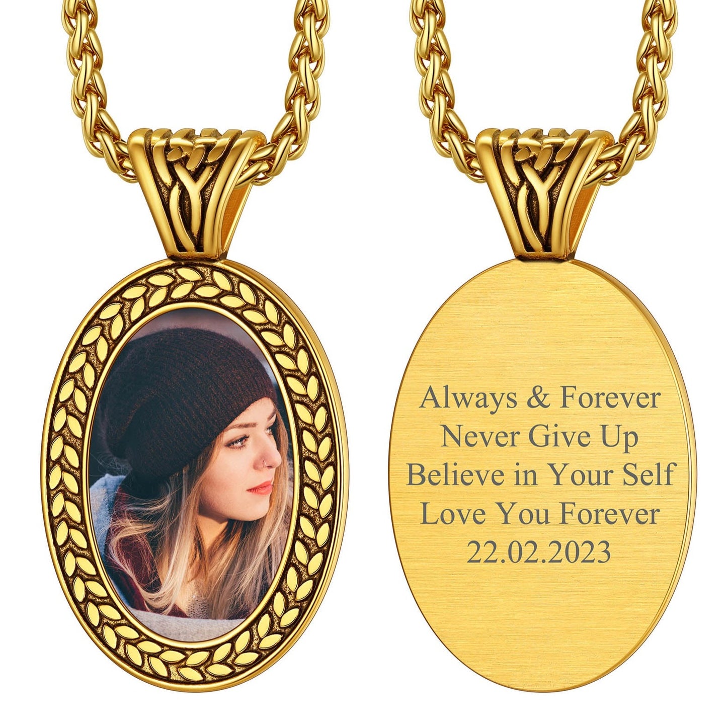 Oval Photo Necklace with engraved message Always & Forever, a gift idea