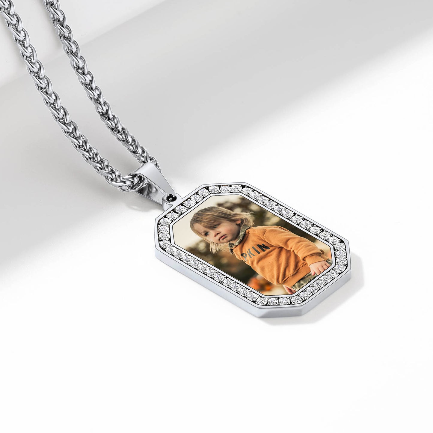 Stainless steel custom picture dog tag necklace with cubic zirconia