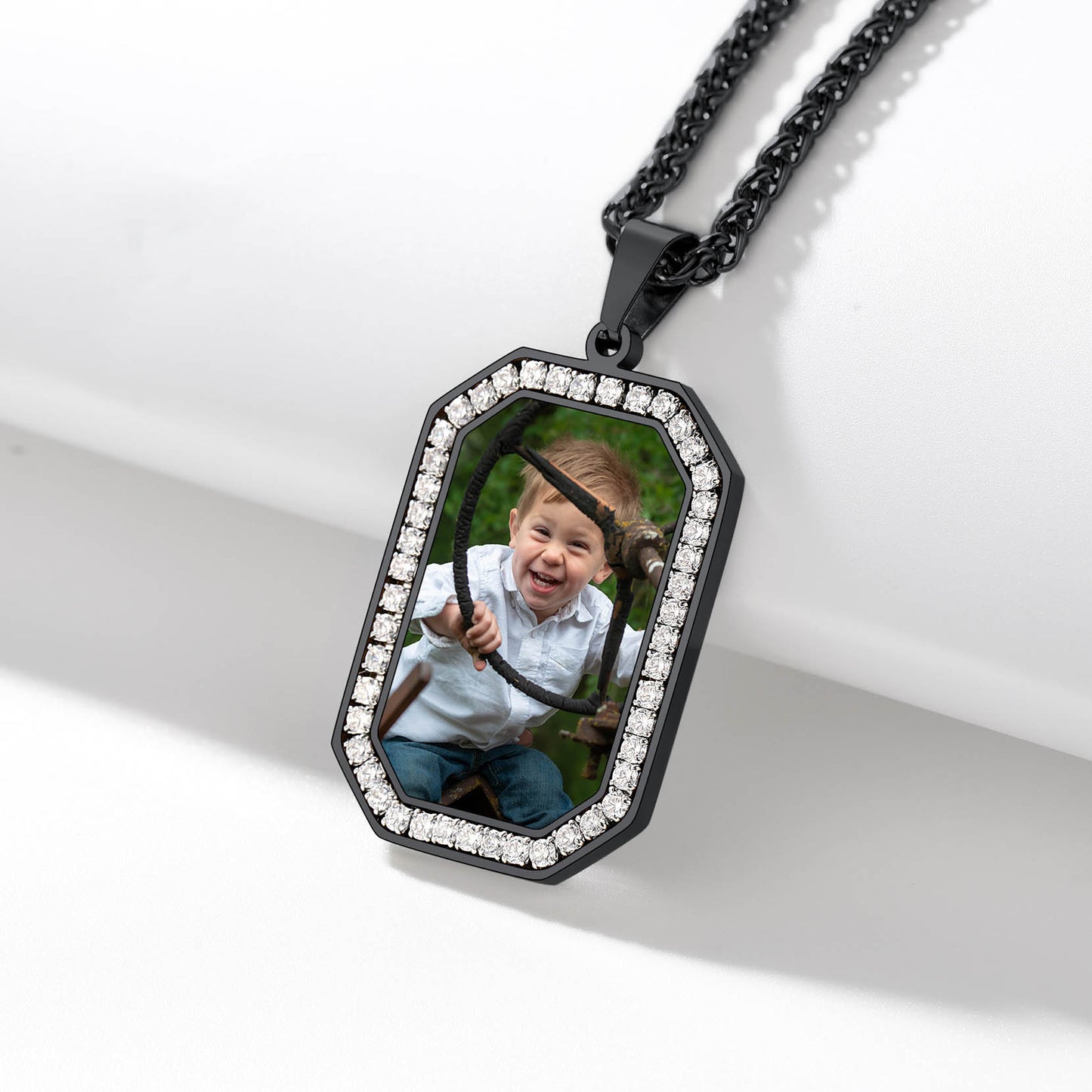 Memorial picture dog tag necklace with photo of child, cubic zirconia