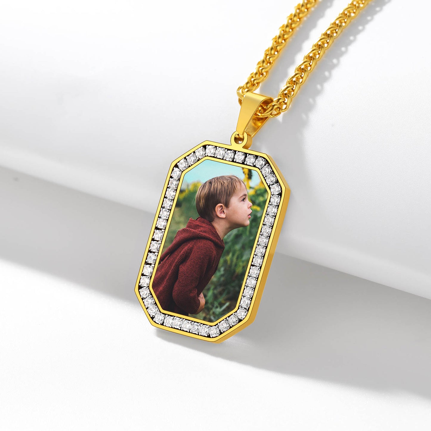 Gold dog tag necklace with child's photo, cubic zirconia memorial gift