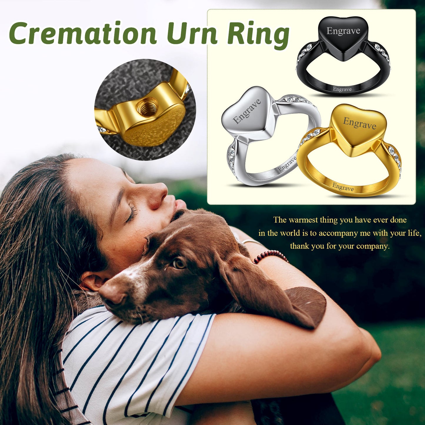 Person hugging a dog with a text overlay about cremation urn rings.