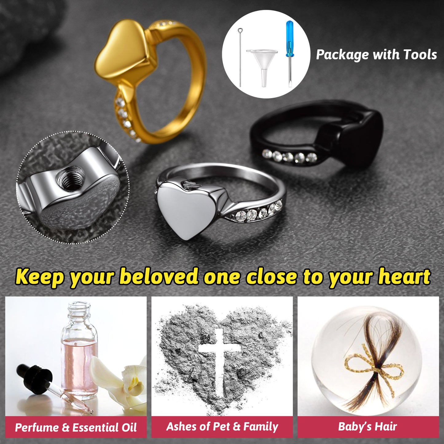 Heart-shaped rings with tools and related items on a dark background