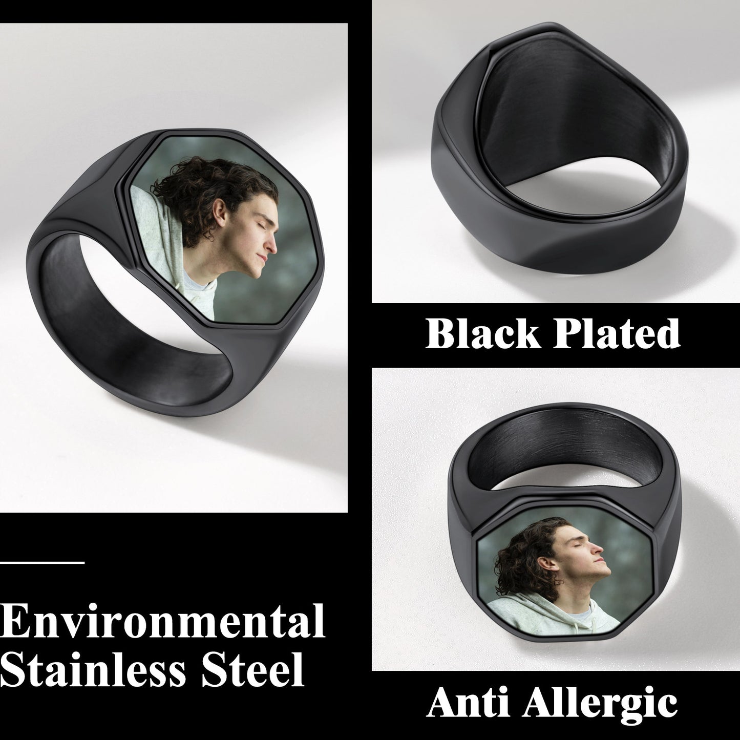 Black Plated Octagon Signet Ring for Men with Photo