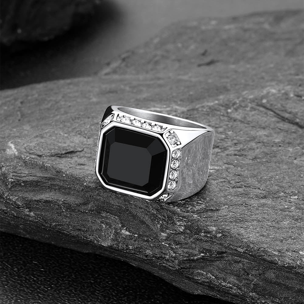 FaithHeart Rhinestones Embrace Black Onyx Stainless Steel Rings FaithHeart