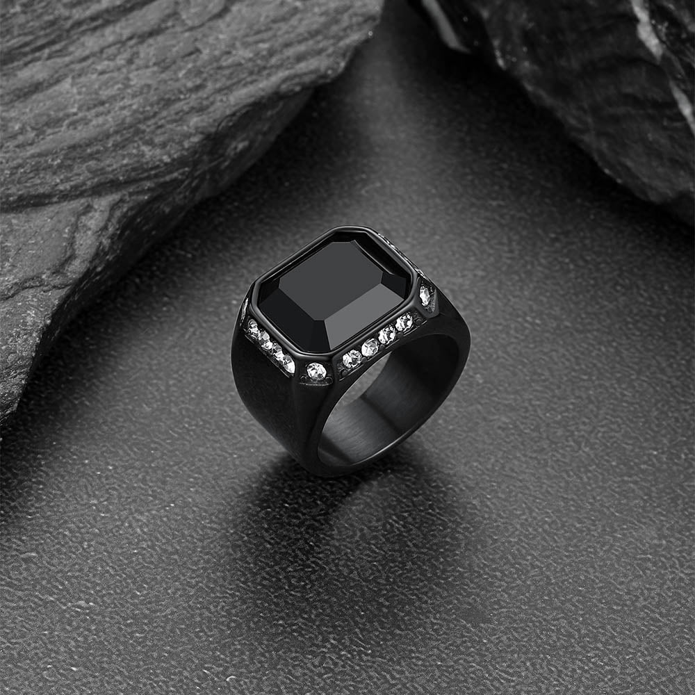 FaithHeart Rhinestones Embrace Black Onyx Stainless Steel Rings FaithHeart