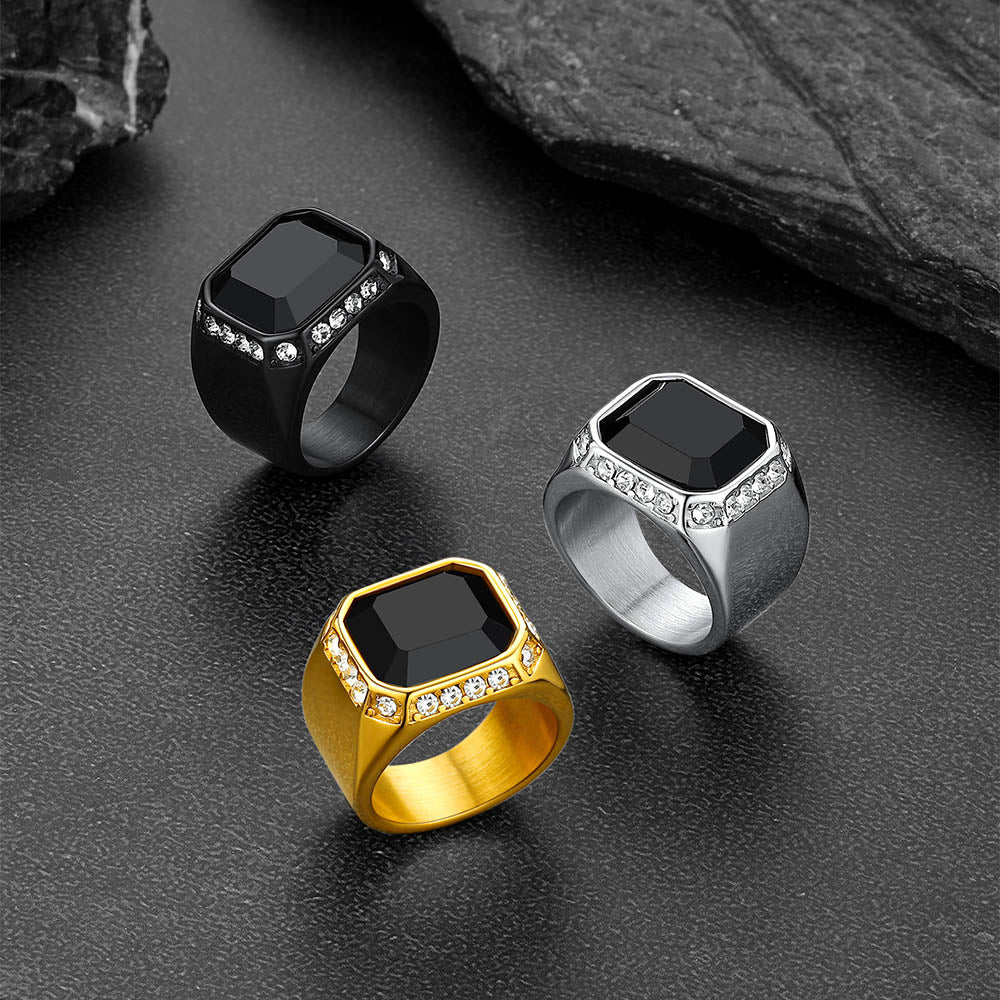 FaithHeart Rhinestones Embrace Black Onyx Stainless Steel Rings FaithHeart