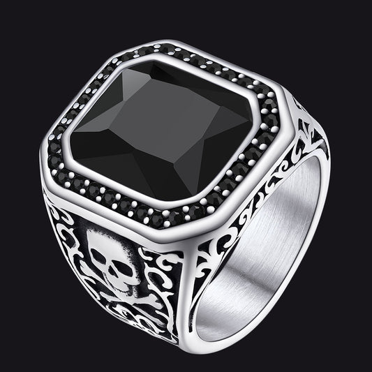 Skull Black Onyx Stone Signet Ring with Custom for Menimg