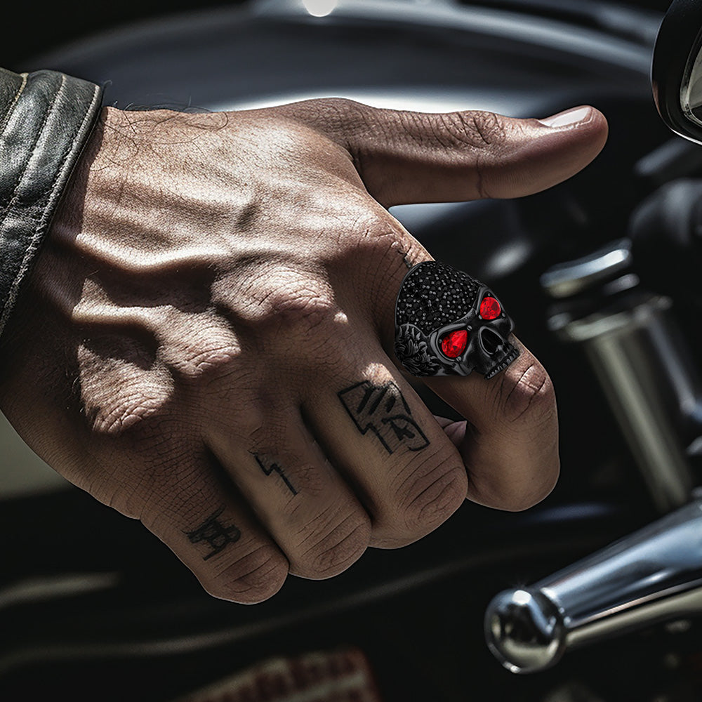 FaithHeart Red Eye Skull Stainless Steel Skeleton Band Rings FaithHeart