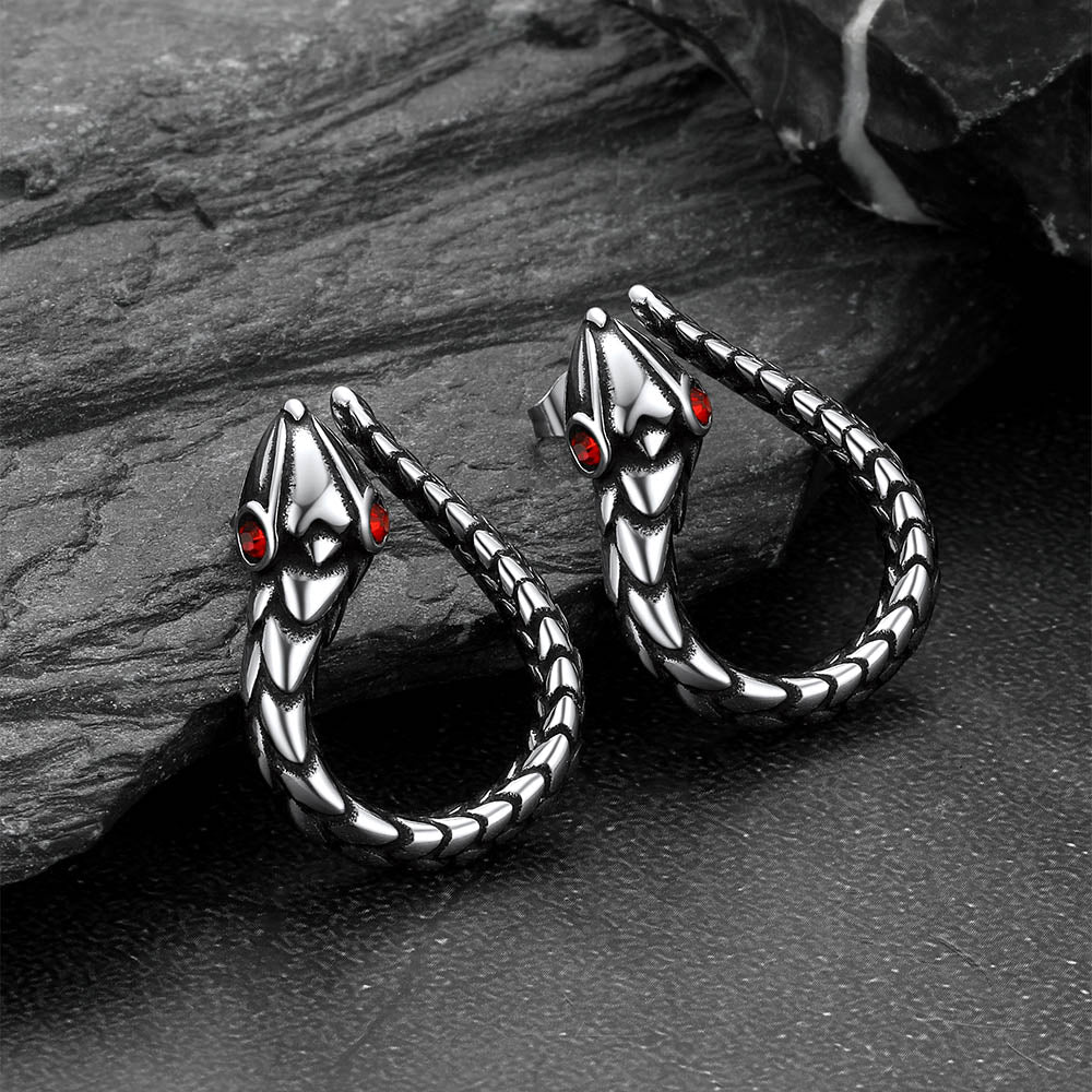 Men's stainless steel snake earrings with red eyes