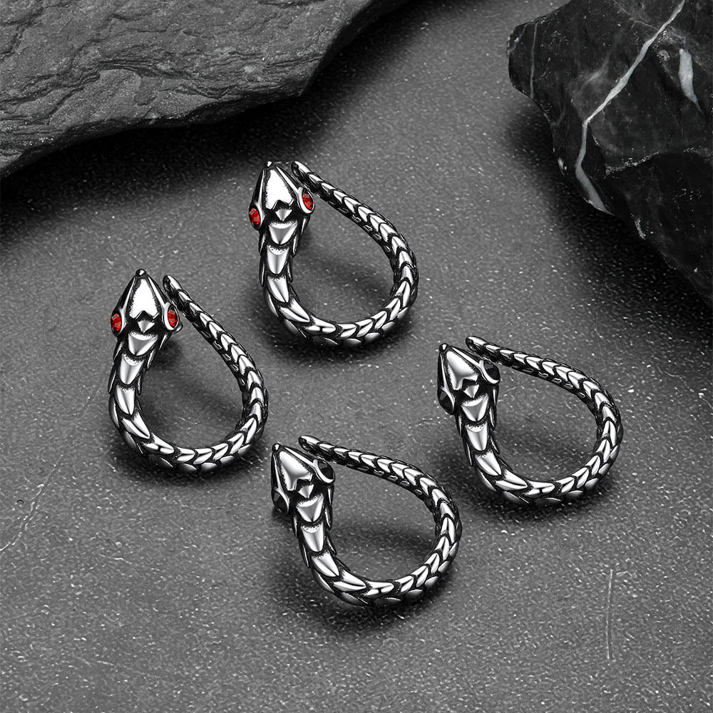 Stainless steel snake hoop earrings with red eyes for men