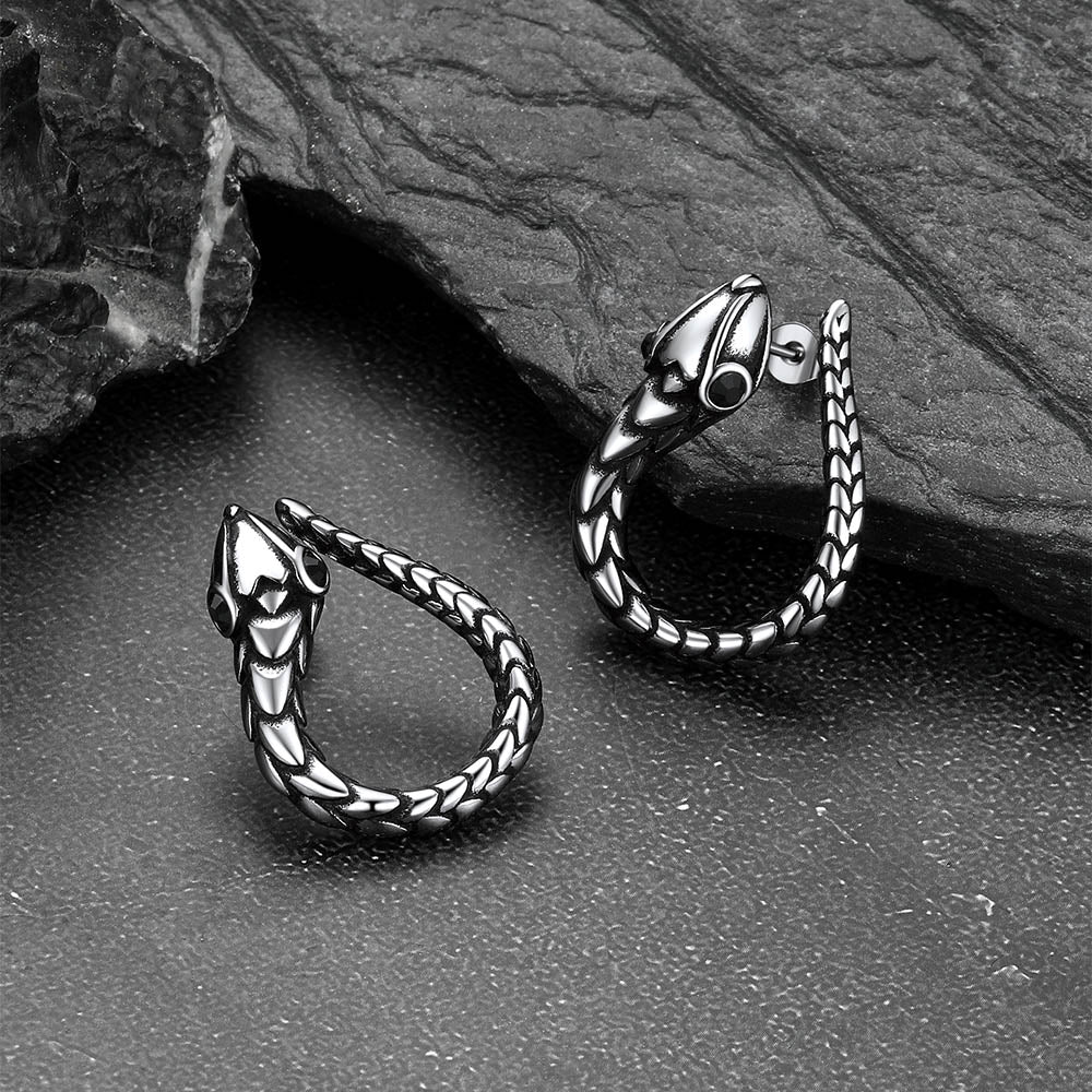 Men's snake hoop earrings in stainless steel with red eye detail