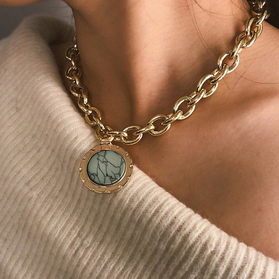 Gold Rolo Chain Necklace with a Round Pendant for Men