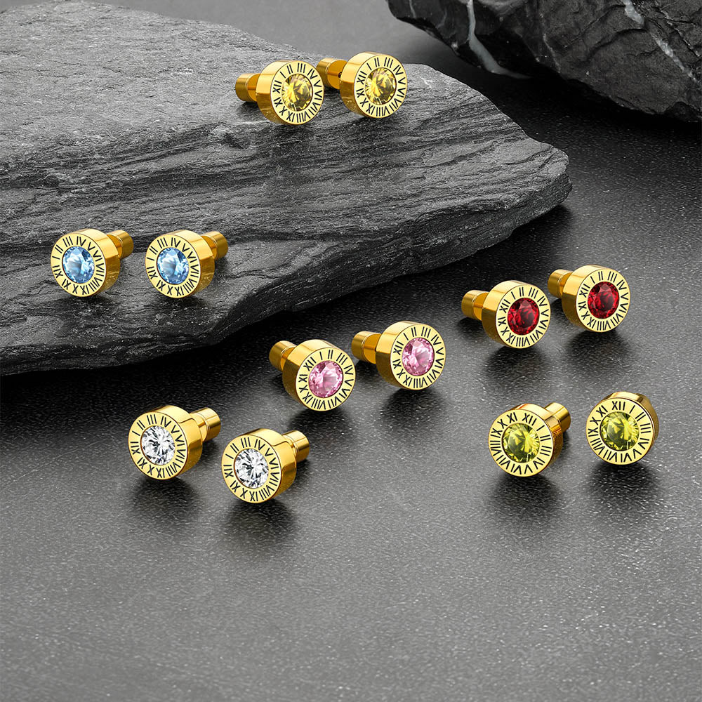 Stainless Steel Roman Numerals Birthstone Studs Earrings for Men FaithHeart Jewelry