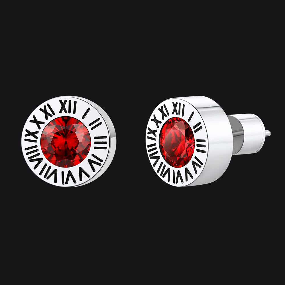 Stainless Steel Roman Numerals Birthstone Studs Earrings for Men FaithHeart Jewelry