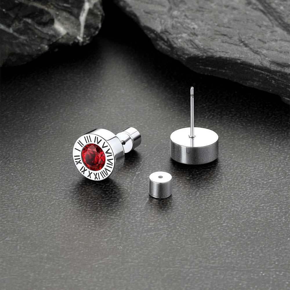Stainless Steel Roman Numerals Birthstone Studs Earrings for Men FaithHeart Jewelry