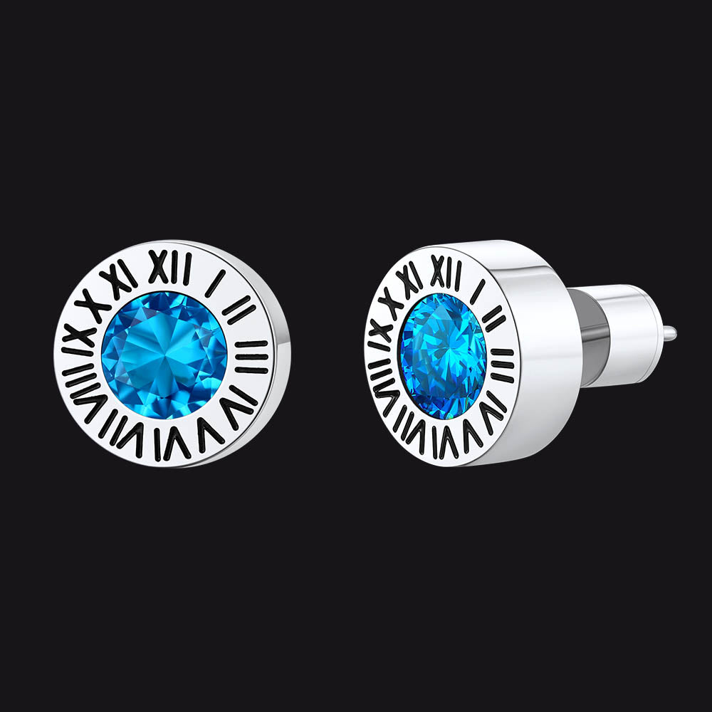 Stainless Steel Roman Numerals Birthstone Studs Earrings for Men FaithHeart Jewelry