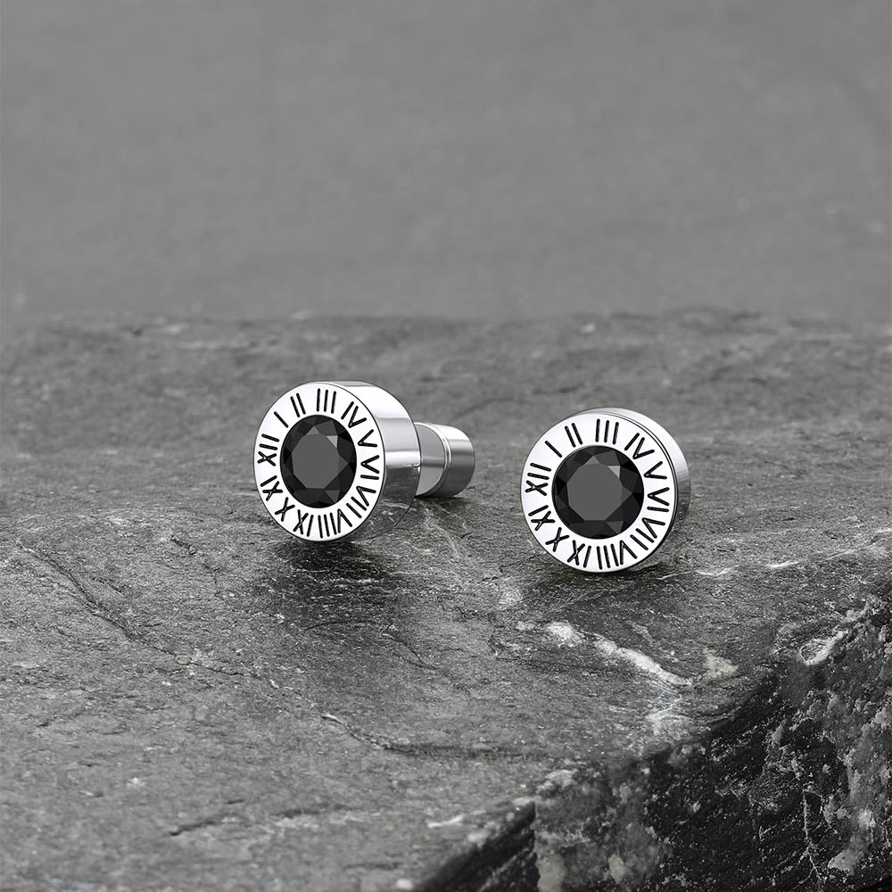 Stainless Steel Roman Numerals Birthstone Studs Earrings for Men FaithHeart Jewelry
